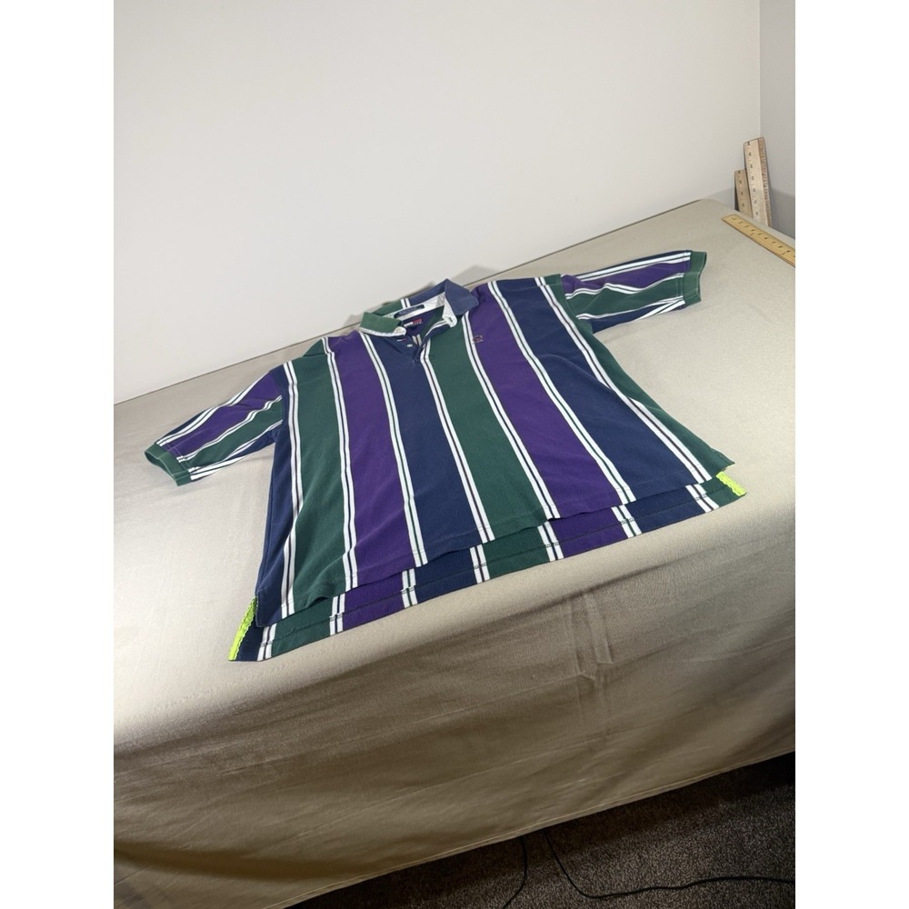 VINTAGE Tommy Hilfiger Shirt Adult XXL Green Purple Vertical Rugby Stripe Mens - Picture 3 of 7